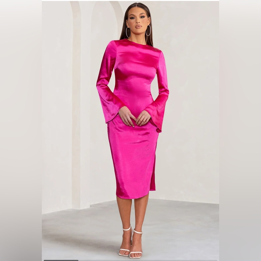 NWT Club L London HOT PINK LONG SLEEVE MIDI DRESS WITH HIGH NECKLINE Zaina